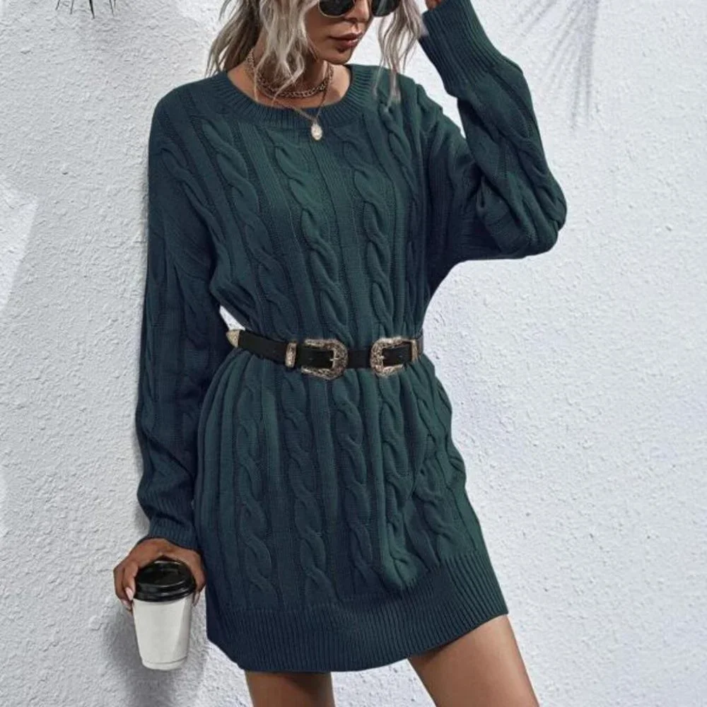 teal oversized chunky knit cable sweater dress - Picture 2 of 6